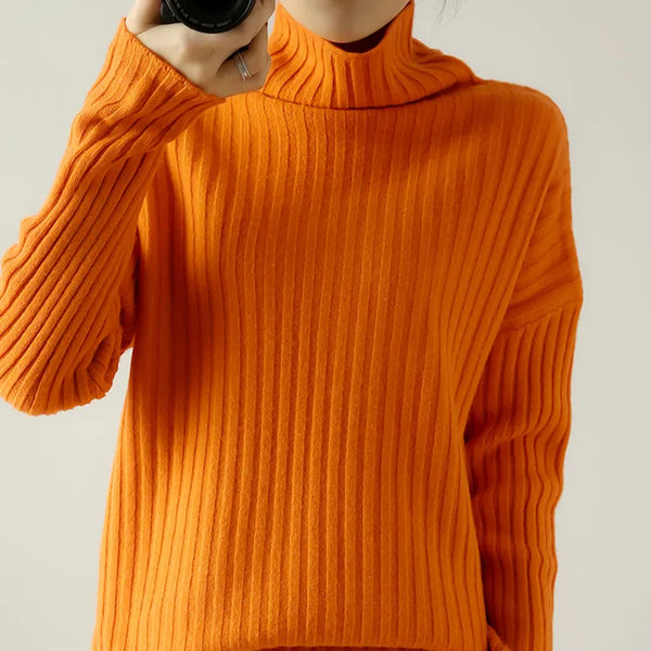 Ribbed Knit Turtleneck Wool Sweater
