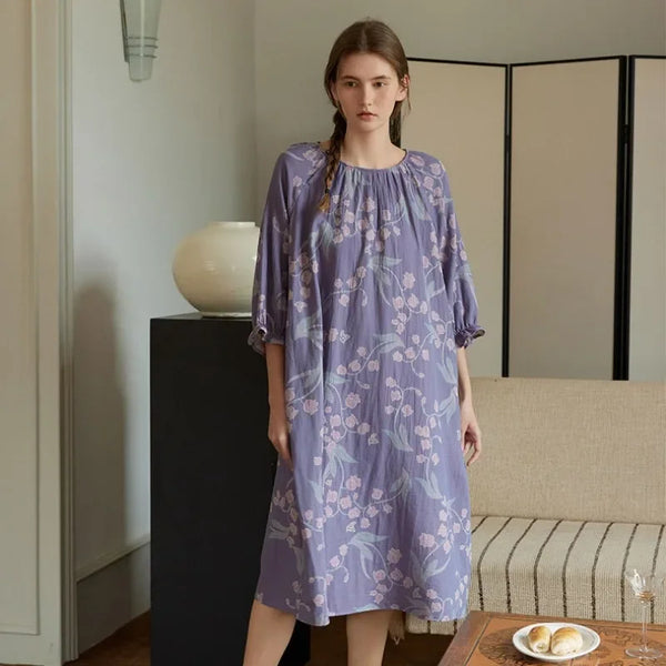 Cotton Purple Flower Print round Neck Nightdress