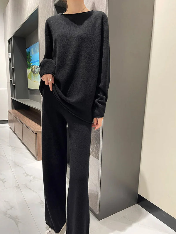 Round Neck Pullover & High Waisted Pants Wool Set