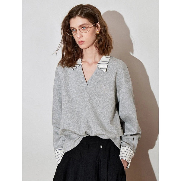 Contrasting Color Splicing Fake Two Piece Pullover Tops