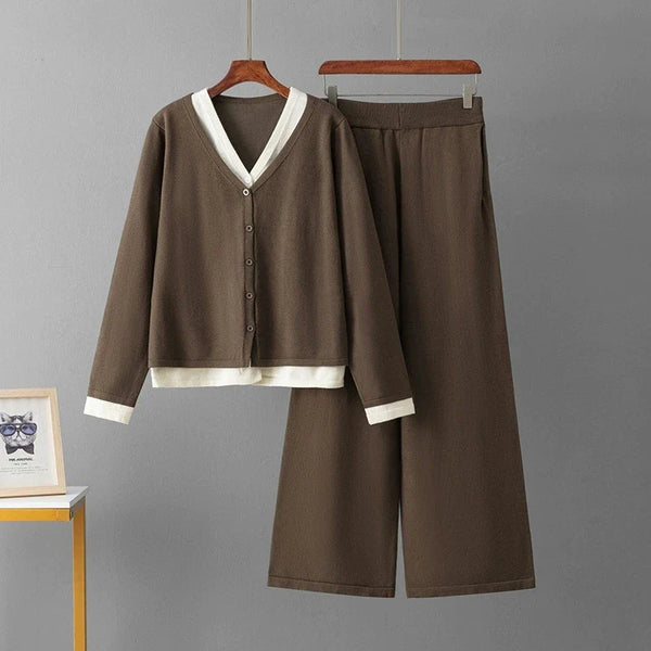Long Sleeve V Neck Sweater+Wide Legs Pants