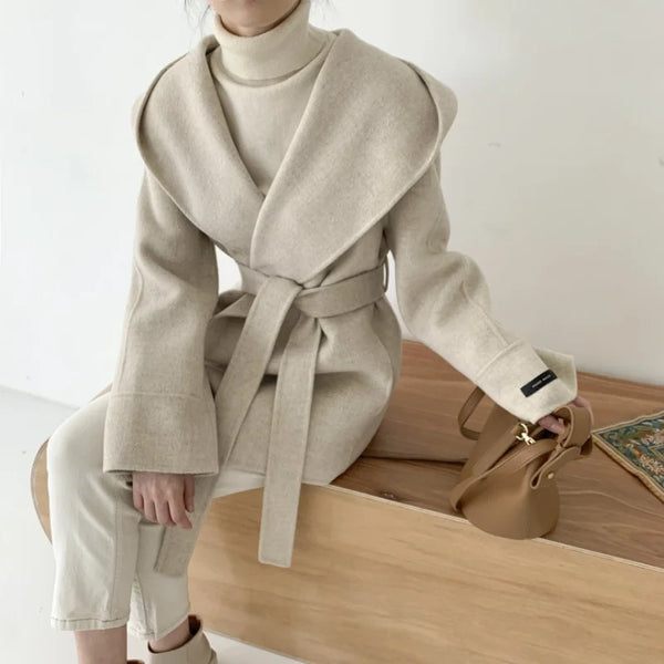 Hooded Wool Blend Wrap Coat
