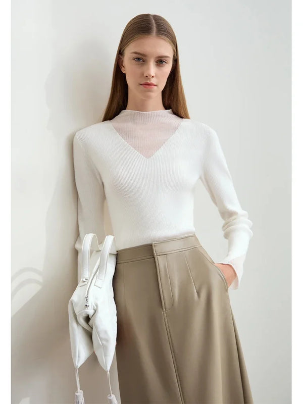 Turtleneck Sheer Panel Slim Top