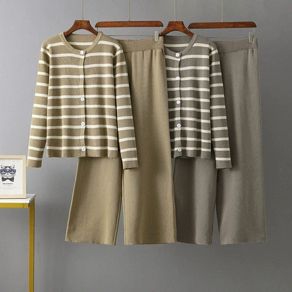 O Neck Buttons Stripe Knit Loose Sweater Sets
