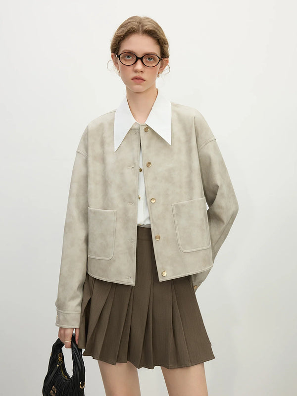 PU Leather Round Neck Short Jackets