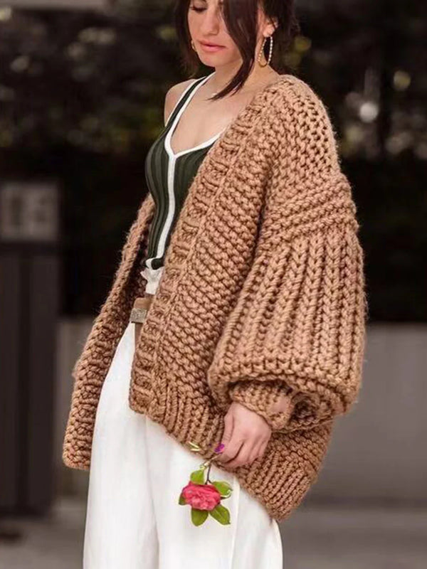 Bohemian Style Knitted Lantern Sleeve Sweater Cardigan