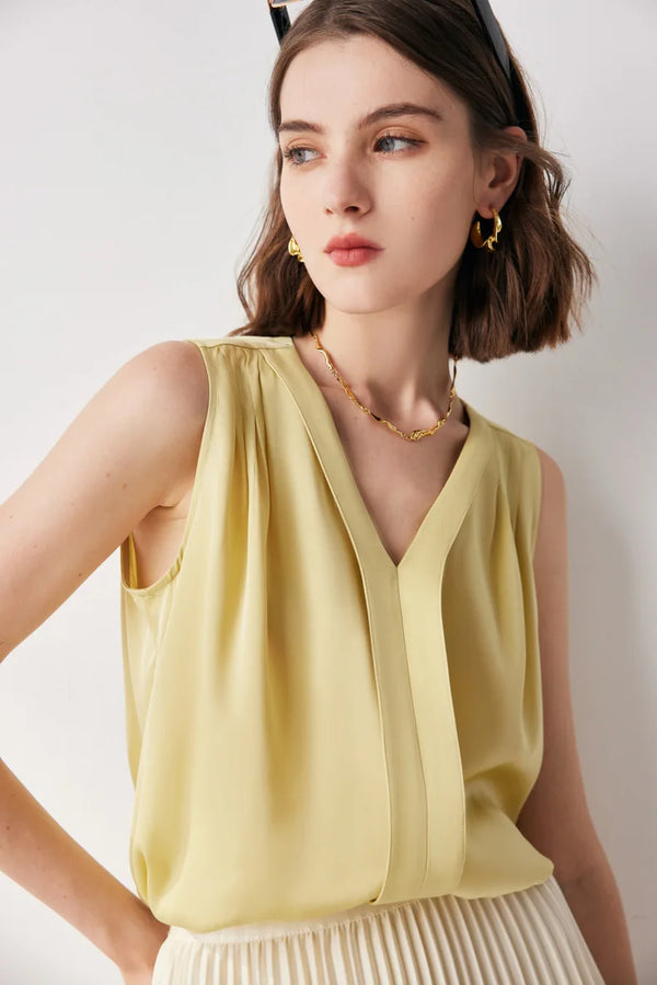 V-neck Solid Color Commuter Mulberry Silk Sleeveless Shirt