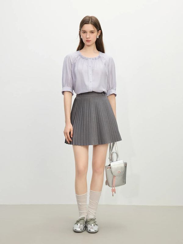 Ruffle Round Neck Linen-Blend Blouse