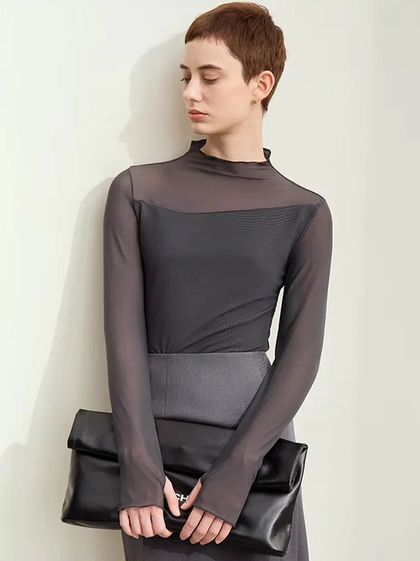 Half-high Neck Micro Perspective Slim Retro Shirt